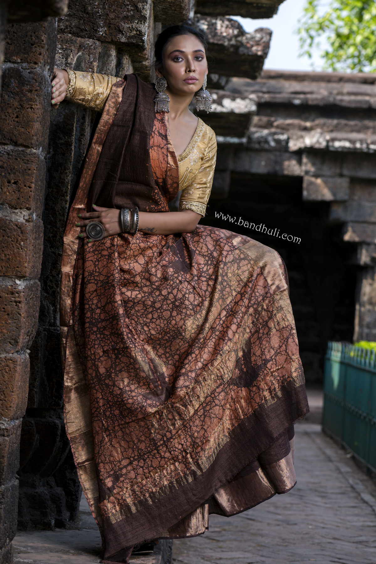Dark Chocolate Brown color Indonesian Wax Batik Saree 